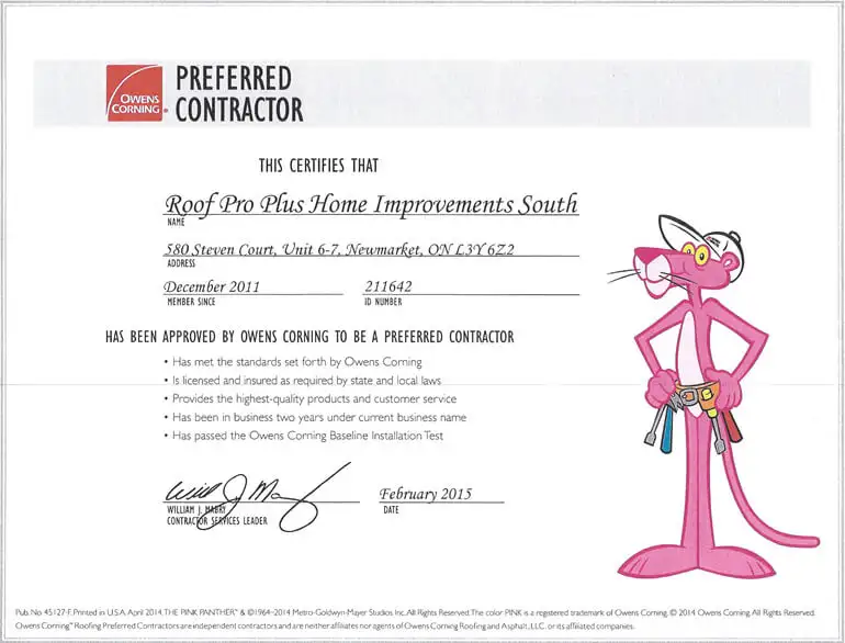 roof pro plus preferred contractor certificate